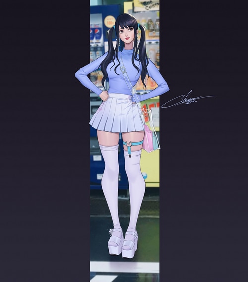 Woman with dark hair in a skirt and stockings