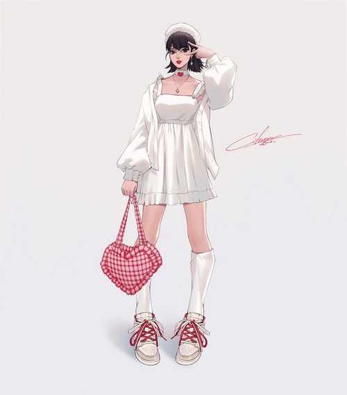 Woman in white dress with heart bag and beret