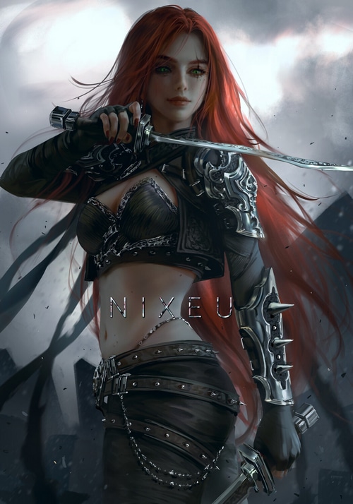 Katarina from League of Legends with red hair and swords