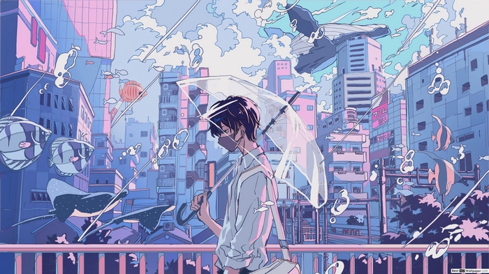 Anime boy with umbrella in a surreal city with fish