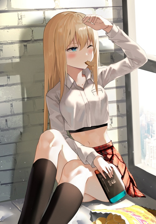 Anime girl with blonde hair eating a cookie