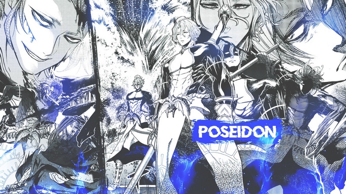 Poseidon and other characters from Shuumatsu no Valkyrie manga collage