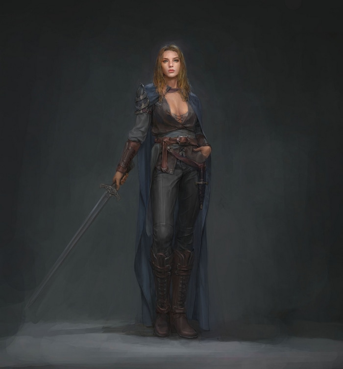 Warrior woman with sword and blue cape