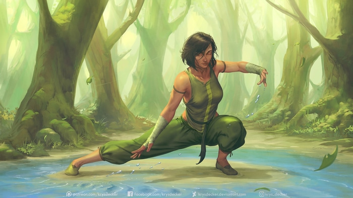 Korra practicing waterbending in a forest