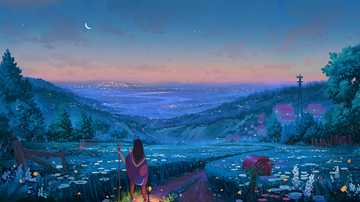 Woman walking on a path at dusk with city lights