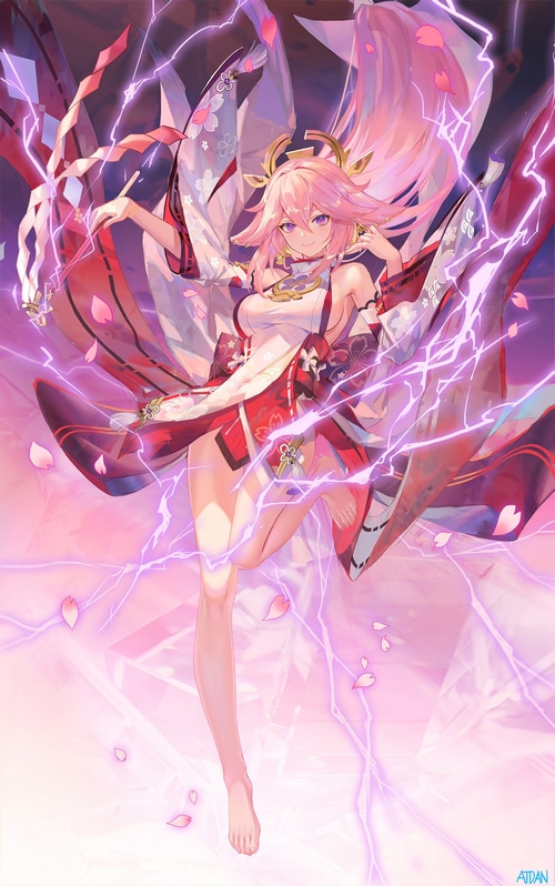 Yae Miko from Genshin Impact with lightning