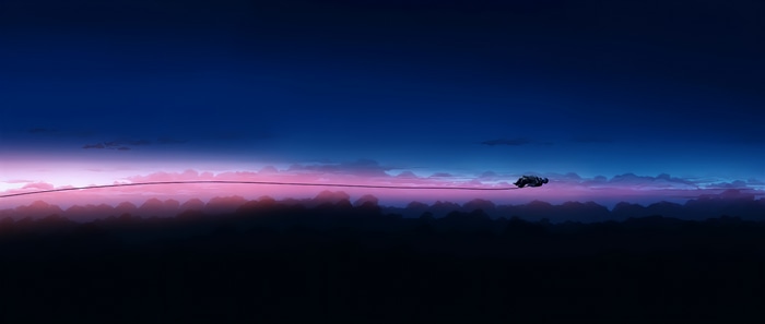 Astronaut flying through the sky at sunset