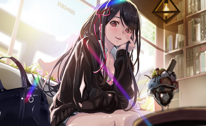 Anime girl with dark hair and red eyes eating ice cream