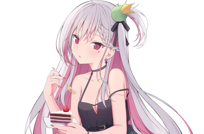 Anime girl with pink and white hair eating cake
