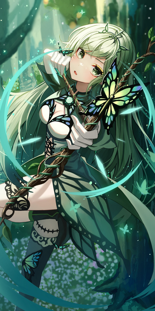 Anime girl with green hair and butterflies