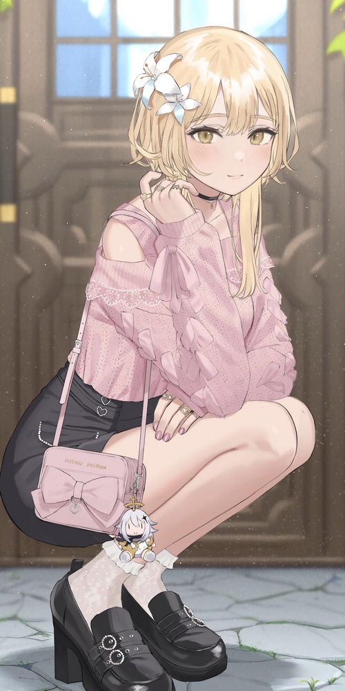 Lumine from Genshin Impact with a pink purse