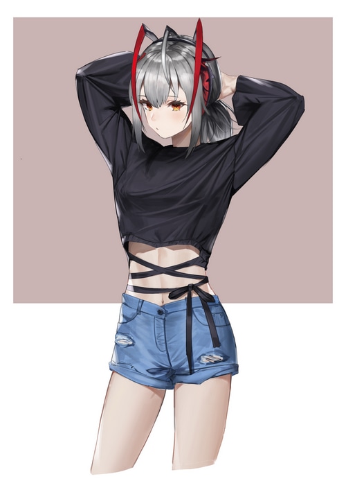 W from Arknights tying her hair