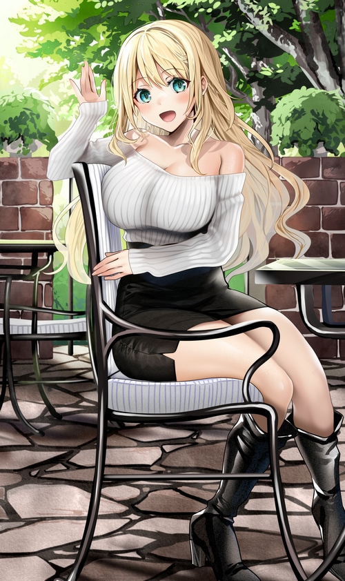 Atago from Kantai Collection sitting at a cafe