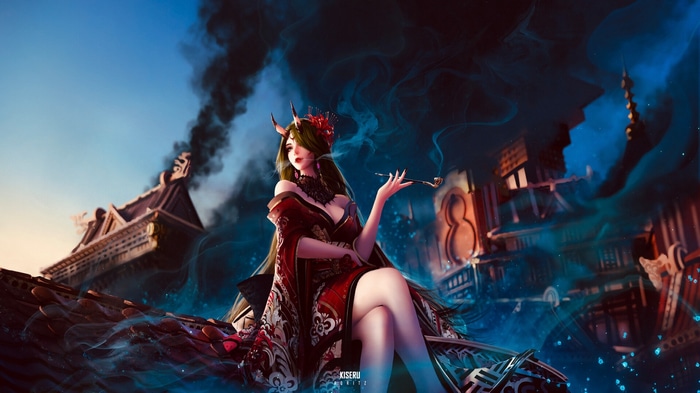 Girl with demon horns smoking a pipe in a kimono