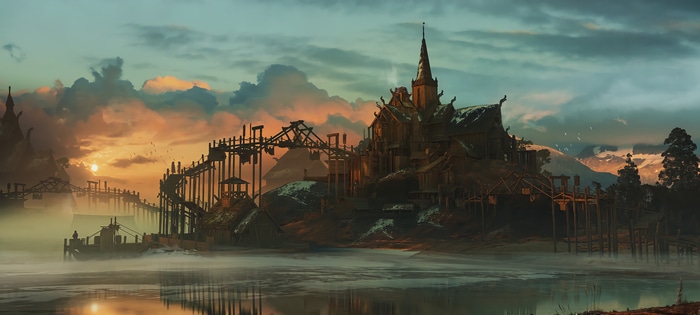 4K wooden bridge at sunset near castle