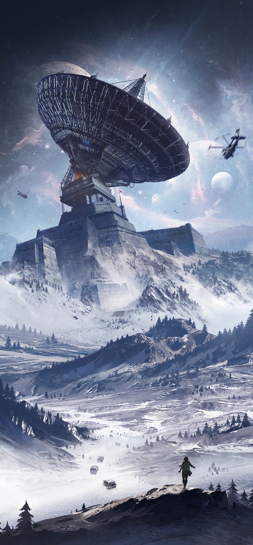 Sci-fi military base with satellite dish in a snowy landscape
