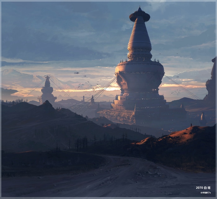 4K White Pagoda Cityscape at Sunset