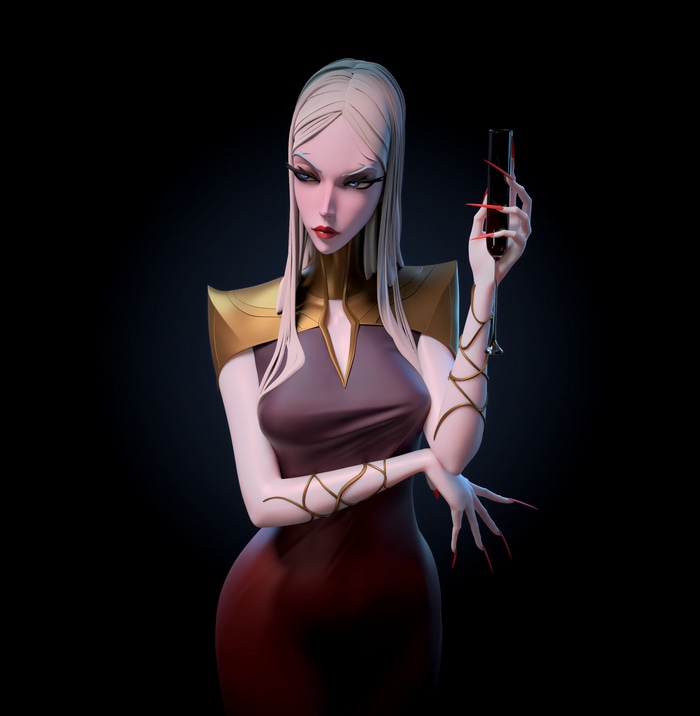 Carmilla from Castlevania holding a glass