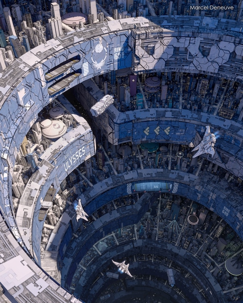 Marcel Deneuve's Futuristic Cityscape with Spaceships