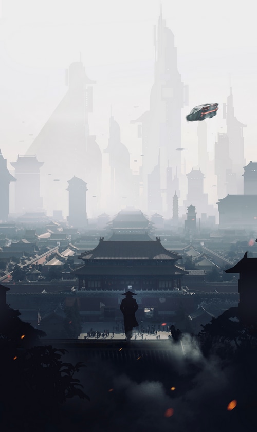 Cyberpunk Imperial Palace in Beijing with flying vehicles