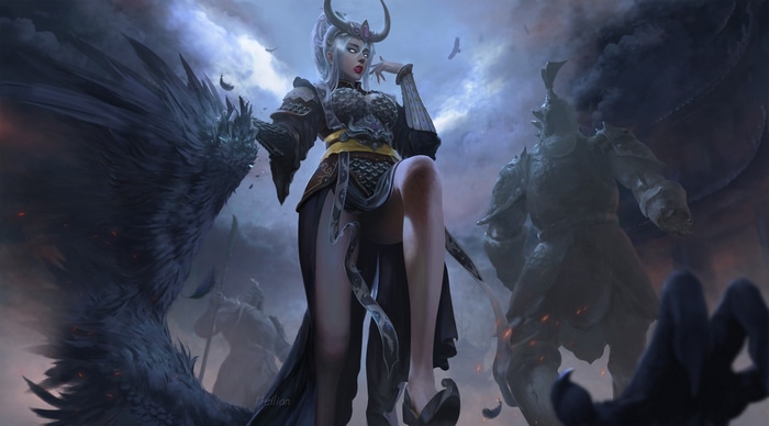 Armored woman with large wings and statues