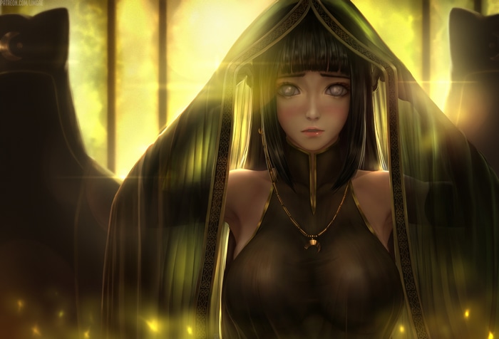 Hyuuga Hinata in a green veil with white eyes