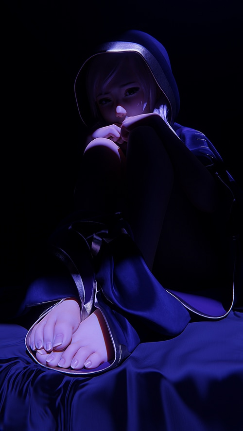 Woman in dark hooded robe with feet visible