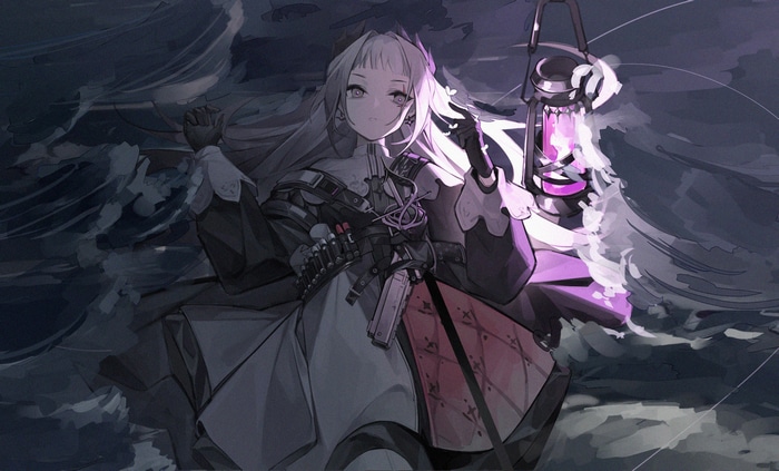 Irene from Arknights holding a lantern in the water