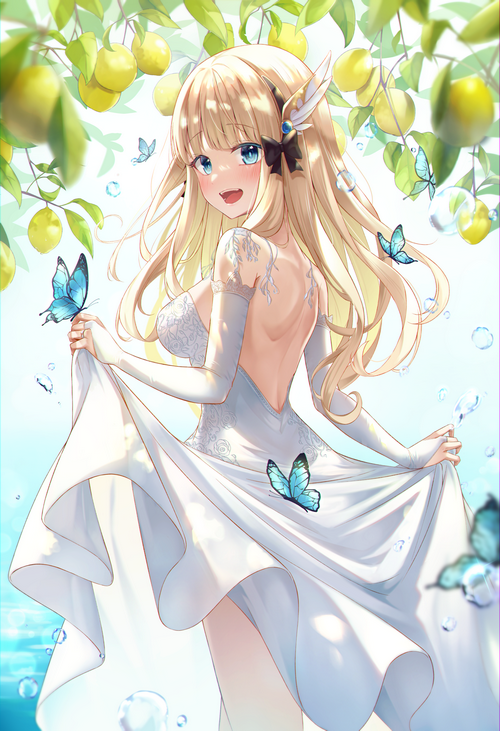 Blonde girl in white dress with butterflies and lemons