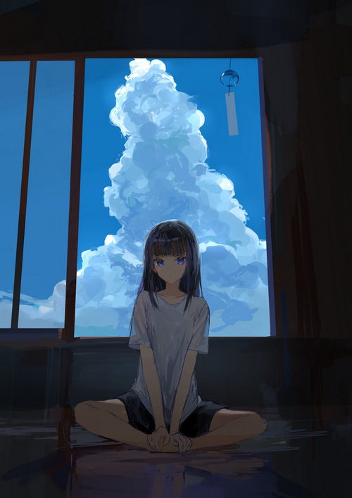 Anime girl with blue eyes sitting by the window with clouds