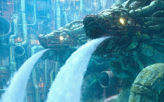 4K fantasy art of dragon-like gargoyles spewing water