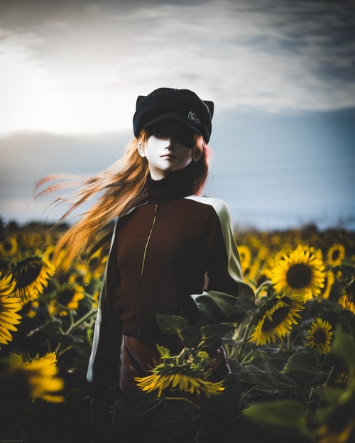 Asuka Langley Soryu in a sunflower field