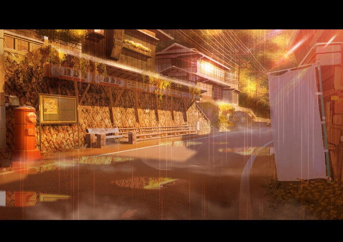 Anime street with traditional buildings and reflections