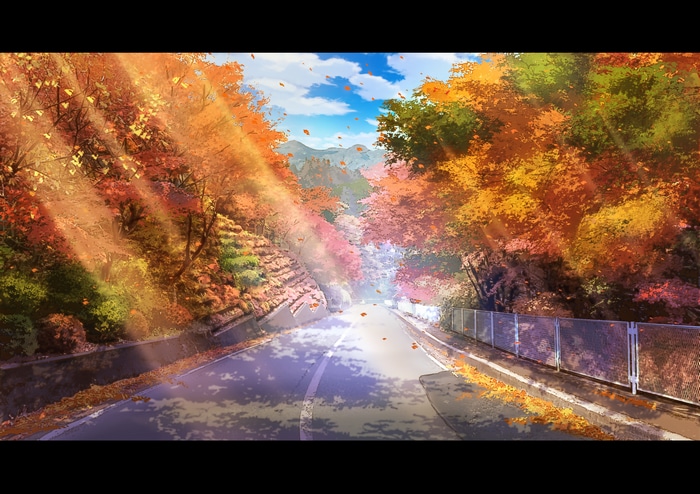 Autumn road with sunlight filtering through trees