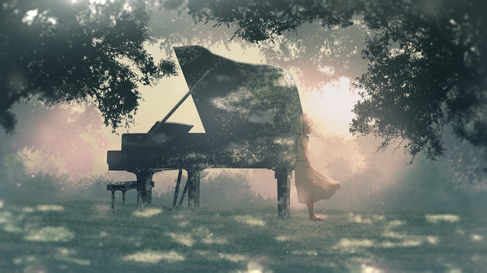 4K piano and girl in a forest