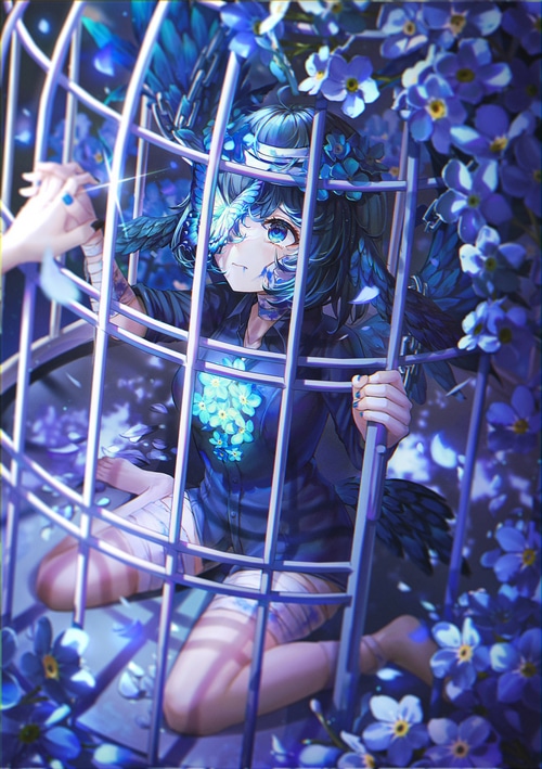 Girl with wings in a cage surrounded by blue flowers