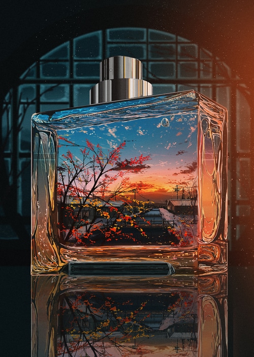 Perfume bottle with sunset landscape inside