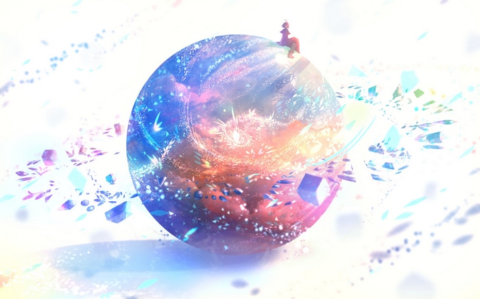Anime girl sitting on a glowing planet