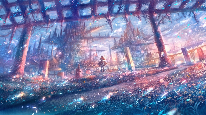 Anime girl playing violin in a fantasy city