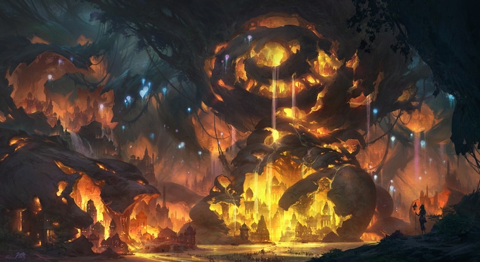 Fantasy cityscape within a cavern with glowing trees