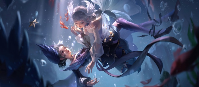 4K Underwater Scene with Two Women and Koi Fish