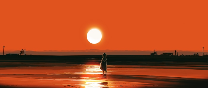 4K Sunset Over a Watery Landscape with Silhouetted Structures