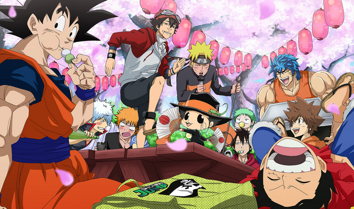 Anime Crossover Group Eating Under Cherry Blossoms
