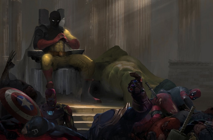 Saitama sits on a throne over defeated Marvel heroes