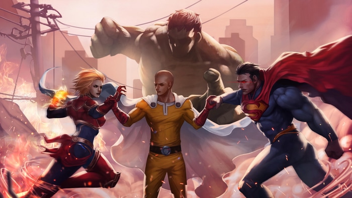 Captain Marvel, Hulk, Superman, and Saitama in battle