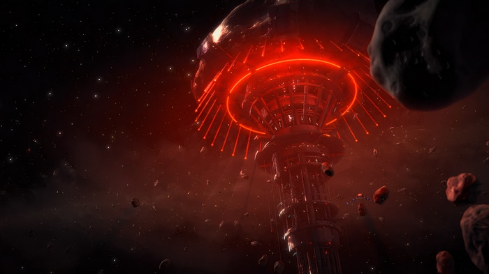 Mass Effect 2 space station with red lights and asteroids