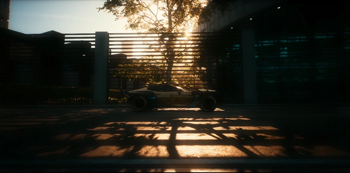 Cyberpunk 2077 Nomad car at sunset