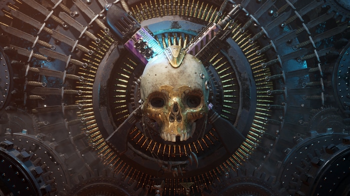 Skull surrounded by weapons and gears from Warhammer 40,000