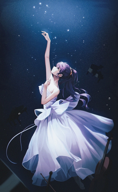 Hyonee in a white dress reaching for stars