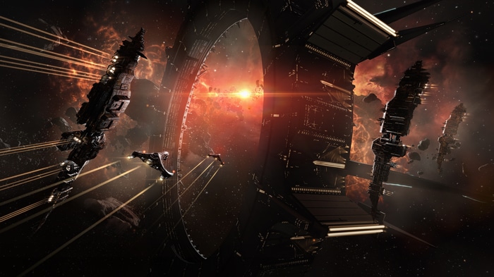 4K EVE Online spaceships near a stargate